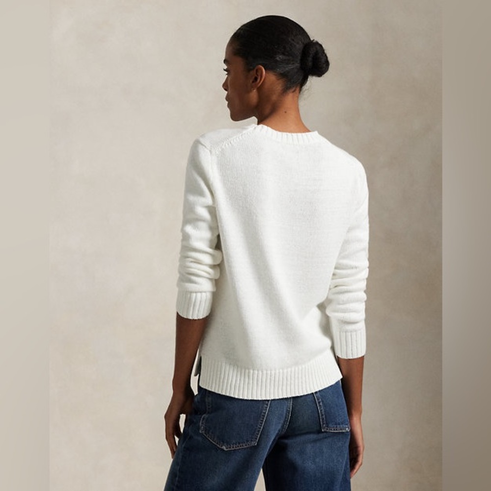 POLO RALPH LAUREN BEAR LINEN COTTON CREWNECK SWEATER IN DECKWASH WHITE MULTI - Picture 6 of 11
